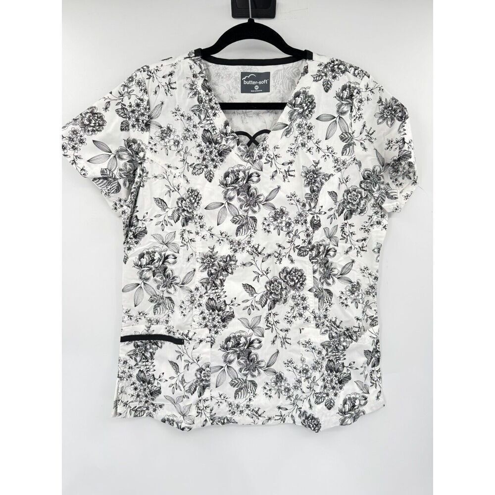 Uniform Advantage Butter Soft Scrub Top Black White Toile Floral Bridgeton Sz M